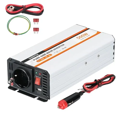 OUBOTEK Wechselrichter 500W / 1000W, Spannungswandler 12V auf 230V Reiner Sinus, Auto Spannungswandler mit USB Anschluss und EU Steckdosen, für Wohnmobil Auto Solar