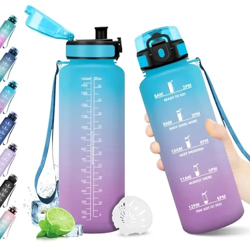 Trinkflasche Sport 1.5L, Trinkflasche mit Zeitmarkierung, Wasserflasche mit Filter, Auslaufsicher, Wasserflasche Kohlensäure Geeignet, BPA-frei, Sportflasche für Fitness, Gym, Fahrrad, Yoga, Büro
