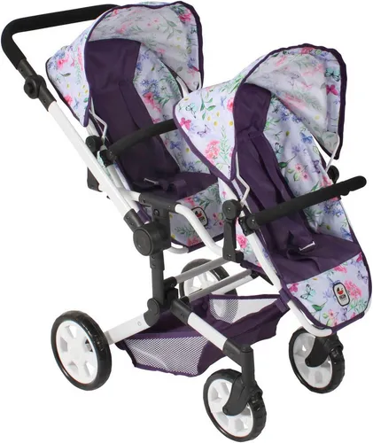 CHIC2000 Puppen-Zwillingsbuggy Linus Duo - Flowers lila - Puppenwagen für zwei Puppen bis 50 cm, mit abnehmbaren, verstellbaren Sportsitzen und höhenverstellbarem Schiebegriff für optimalen Komfort.