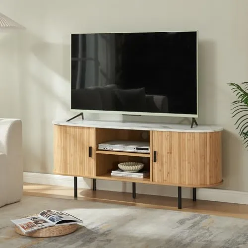 Fernsehschrank 'Tvedestrand' aus Bambus in Marmorweiß/Natur - Moderner Fernsehtisch mit zwei Türen und praktischen Ablageflächen. Ideal für eine ordentliche Unterhaltungsecke. Pflegeleichte Oberfläche und einfacher Aufbau.