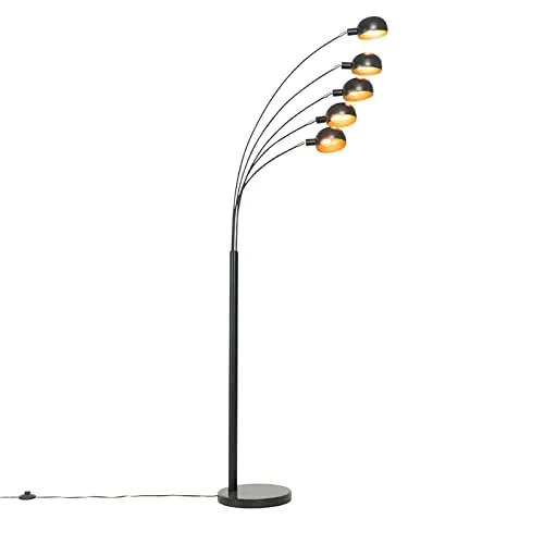 Qazqa Design-Stehlampe schwarz mit Gold – 5-flammig für stilvolle Räume - Elegante Stehlampe mit 5 E14 Fassungen, dimmbar (Dimmer nicht enthalten). Ideal für Wohnzimmer, Schlafzimmer und Büro. Setzen Sie Akzente mit ihrem einzigartigen Design aus Stahl.