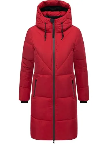 Navahoo Damen Langer Wintermantel Steppmantel mit Kapuze und Fleece-Kragen Kältekuschel XIV Dark Red Gr. S - Eleganter Steppmantel für Damen, der feminine Silhouette und urbanen Chic vereint. Wasserabweisend und warm gefüttert, ideal für stilvolle Wintertage. Verstellbare Kapuze und praktische Taschen bieten zusätzlichen Komfort.