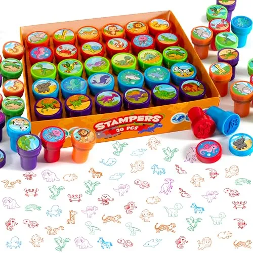 SYNCFUN 30 Stück Tiere Mini Stempel Kinder Ab 2 Jahre, Selbstfärbende 5 Farben, 30 Tiere Kinder Stempel Kleine Geschenke Für Kinder, Mitgebsel Kindergeburtstag Gastgeschenke, Zoo Stempel Tiere