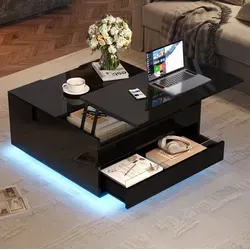 Couchtisch Aus Spanplatte Schwarz Hochglanz 70 X 70 Cm Mit Hubplatte, Led Und Schublade