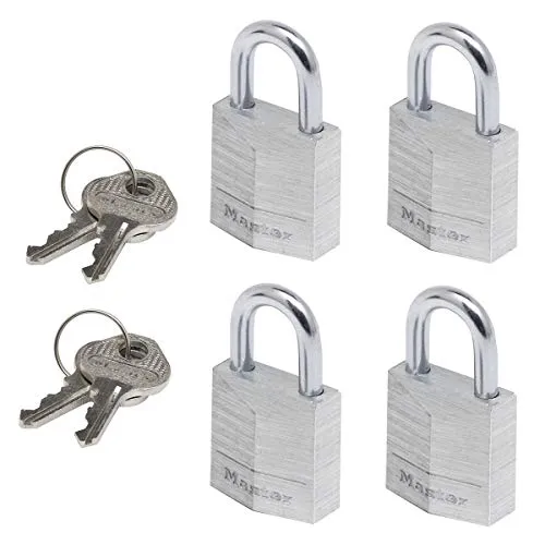 MASTER LOCK Kleine Vorhängeschlosser Set [Schlüssel] [4er-Pack] [Familienpackung] [Gleichschliessend] 9120EURQNOP - Ideal für Rucksäcke, Gepäck, Computertaschen und mehr Silber