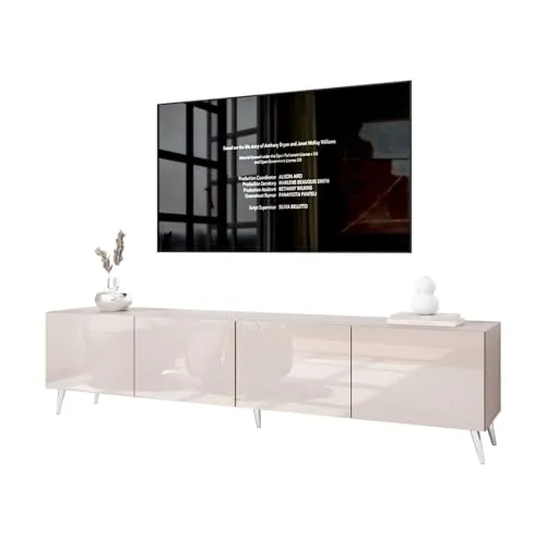 Lookway Moderner wandhängender TV-Schrank in Kaschmir Hochglanz, optional mit LED-Beleuchtung auf schrägen Onyx-Beinen – COLGANTE 200 cm (ohne LED Beleuchtung, Beine: Silber Chrom)