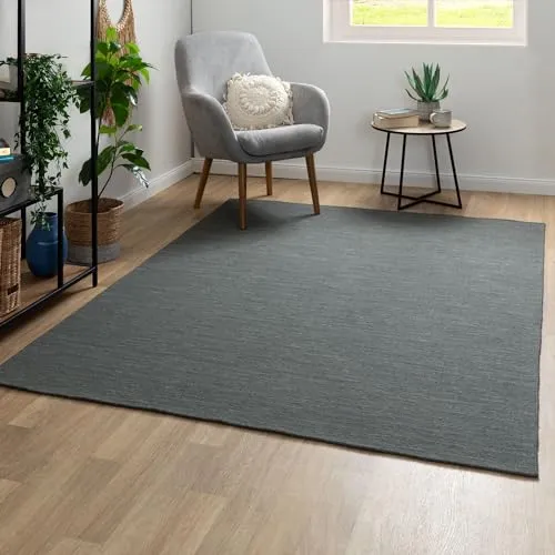 Steffensmeier Handweb Teppich Kelim Delhi | 100% Schurwolle in der Nutzschicht, Grau, handgewebt, Größe: 140x200 cm Wohnzimmer und Schlafzimmer