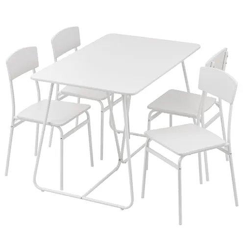 Baroni Home Essgruppe 5-teilig, modernes Design, leicht, Esstisch mit 4 Stühle Set, Esszimmer, Balkon, Restaurant, aus MDF und Stahl, einfache Montage, Quadratisch, Weiß