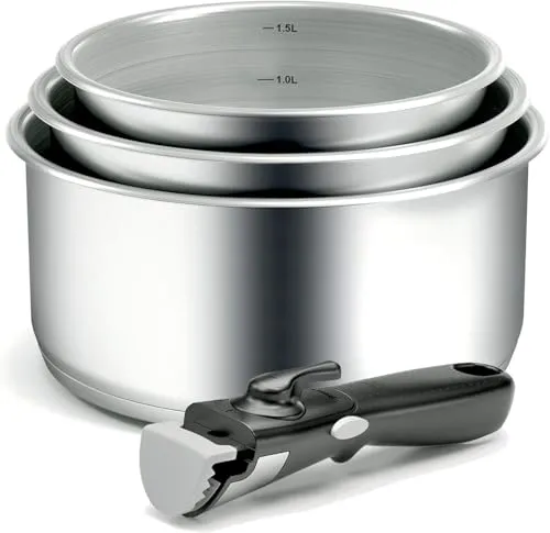 Backen 191199, Topfset 16, 18, 20 cm, Edelstahl, 4-teilig, Induktion, abnehmbarer Griff, stapelbar, spülmaschinengeeignet, Vielseitigkeit, platzsparend, 5 Jahre Garantie