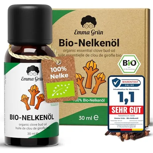 Emma Grün® Bio Nelkenöl 30ml - 100% Naturrein - Ätherische Öle Singles: Bio-zertifiziertes Nelkenöl aus Madagaskar mit würzig-süßlichem Duft, ideal zum Kochen und Aromatisieren von Speisen.