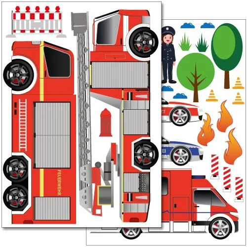 Wandkings Einsatzfahrzeuge Wandsticker Set, 29 Aufkleber, 2 DIN A4 Bögen, Gesamtfläche 60 x 20 cm