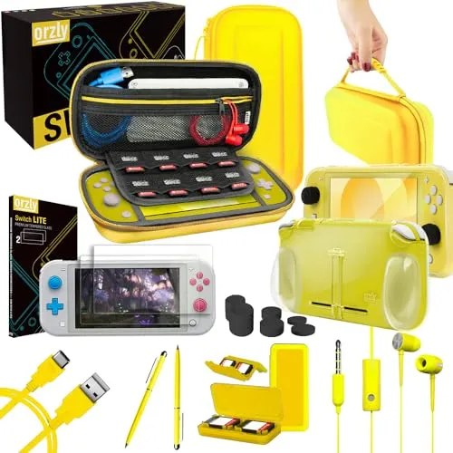 Switch Lite Accesoires, Orzly Zubehör für Nintendo Switch Lite (2019) Panzerglas Schutzfolien, USB Ladekabel, Konsole Tragetasche, Spiele Patronenhülse, Comfort Grip Case, Kopfhörer - Gelb