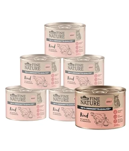 Dehner Fine Nature Katzenfutter, Nassfutter getreidefrei, für ausgewachsene Katzen, Rind, 6 x 200 g Dose (1.2 kg)