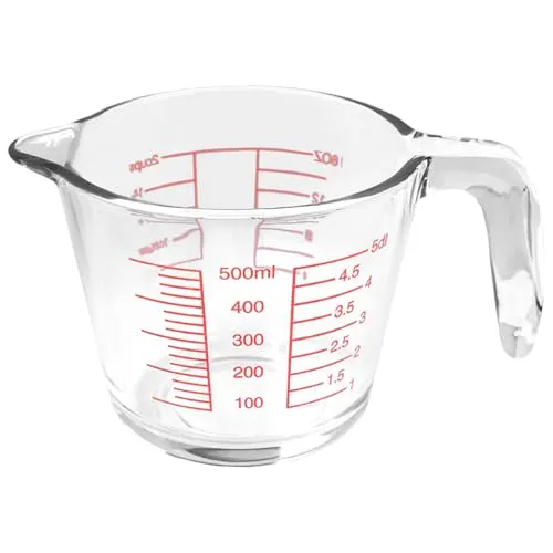 Messbecher Glas 500ml mit Griff und Ausguss, Hitzebeständiger Messkrug aus Borosilikatglas mit Messskala in ml oz Cups, Spülmaschinenfest und Mikrowellengeeignet für Backen Kochen Küche
