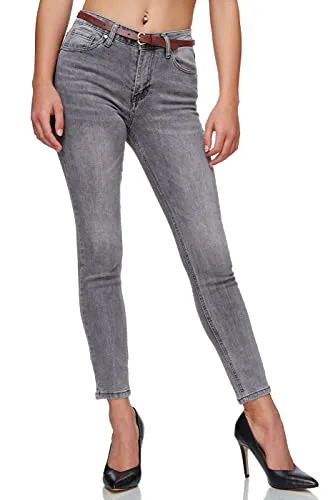 Elara Damen High Waist Hose Stretch Chunkyrayan EL19D3 Grau 42 (XL) - Damen-Hosen: Hochwertige High-Waist-Jeans mit glitzernden Steinchen für einen eleganten Look und perfekten Sitz, ideal für jeden Anlass.
