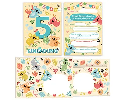 Junapack 12 Einladungskarten incl. 12 Umschläge zum 5. Kindergeburtstag fünfte Geburtstag Mädchen Jungen Koala