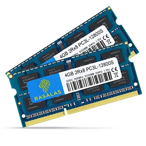 Rasalas 8GB Kit (2x4GB) PC3-12800 DDR3L 1600MHz RAM SODIMM, 4GB 2Rx8 PC3L-12800S DDR3 1600 1.35V 204-Pin CL11 Upgrade Rank Laptop Arbeitsspeicher