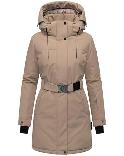 Navahoo Damen Wintermantel warmer Parka mit abnehmbarer Kapuze und Taillengürtel Frostkuss 14 Taupe Grey Gr. XL