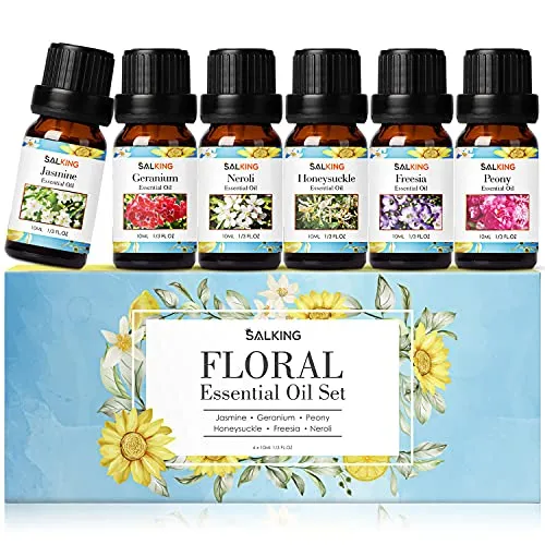 SALKING Blume Ätherische Öle Set, Aromatherapie Duftöl GeschenkSet, 100% für Diffuser Duftlampen Luftbefeuchter, Massage, 6 x 10 ml (Jasmin,Geranie,Orangenblüte Geißblatt, Freesie, Pfingstrose)
