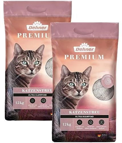 Dehner Premium Katzenstreu Ultra Babypuder-Duft - Katzenstreu mit 340% Flüssigkeitsaufnahme, staubarm und sanft zu Pfoten, sorgt für optimale Hygiene und angenehmen Babypuderduft.