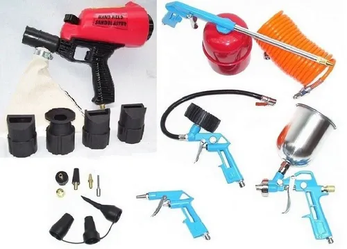 Sandstrahlpistole 07029 - Staubfreies Sandstrahl Set - Sonstige Werkzeuge: Effiziente Sandstrahlpistole mit Rückgewinnungs-Auffangsack und 4 Strahlaufsätzen für präzise Reinigung und Rostentfernung.