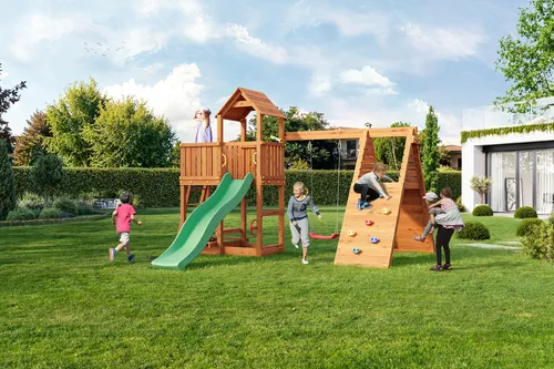 Fungoo FLUPPI Teak Spielplatz mit Rutsche und Klettergerüst - Vielseitiger Fungoo FLUPPI Teak Spielplatz mit Klettermodul, Rutsche und integriertem Picknicktisch. Ideal für bis zu 10 Kinder – perfekte Abenteuer für den Garten!