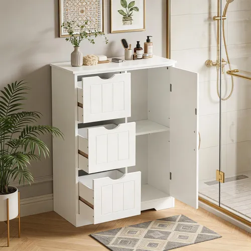 Badezimmerschrank aus MDF mit 3 Schubladen – kompakt und elegant - Kompakter Badezimmerschrank mit 3 praktischen Schubladen und verstellbarem Stauraum, ideal für kleine Räume. Robuste MDF-Platten garantieren Stabilität und Sicherheit, perfekt für jedes Badezimmer.