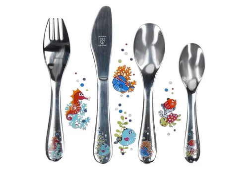 Justinus Besteck-Set Justinus 4tlg Meerestiere Kinder-Besteck-Set Messer Gabel Löffel, Edelstahl
