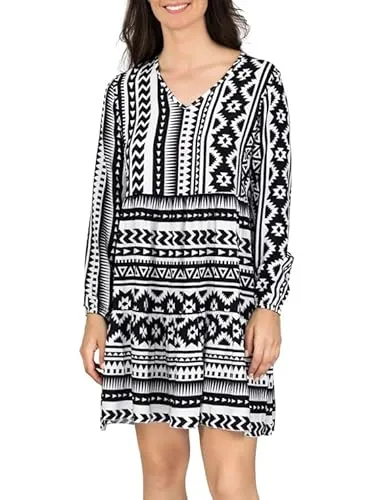 DENIMFY A Linien Kleid Damen DFIda Midikleid Kleider Strandkleid Sommerkleid Sommer Blumenmuster Elegant Langarm Knielang V-Ausschnitt, Größe:M/L, Farben:Ethno Black