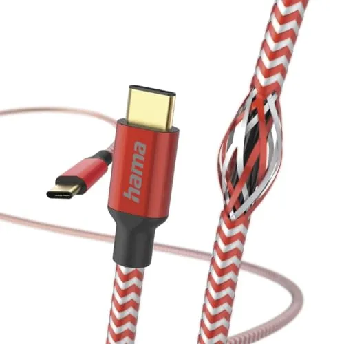 Hama Ladekabel „Reflective“ USB C auf USB C, Nylon, 1,5m (Schnellladung, Handy Ladekabel, Datenkabel, USB Kabel, Handykabel, USB Typ C, Knickschutz, flexibel, vergoldet, maximal kompatibel) rot