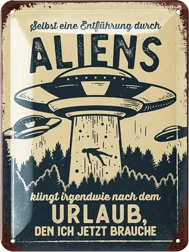 LANOLU Retro Blechschild ALIEN URLAUB, vintage Metallschilder mit Sprüchen, Shabby Chic Deko Küche und Garten, lustige Schilder aus Metall 15x20cm
