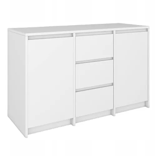 Weiße Kommode mit 3 Schubladen und 2 Türen, Moderne Kommode Grifffrei, 120x75x43 cm, Matt Finish, Kugelführungen