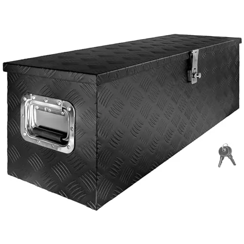 Deichselbox Schwarz Aluminium Werkzeugkasten - Abschließbare Transportbox 99x32x33 cm - Robuste Aluminium-Box für Werkzeug, Hobbymaterialien und mehr. Wasserdicht, mit integriertem Schloss und einfacher Montage – ideal für Anhänger und Garage.