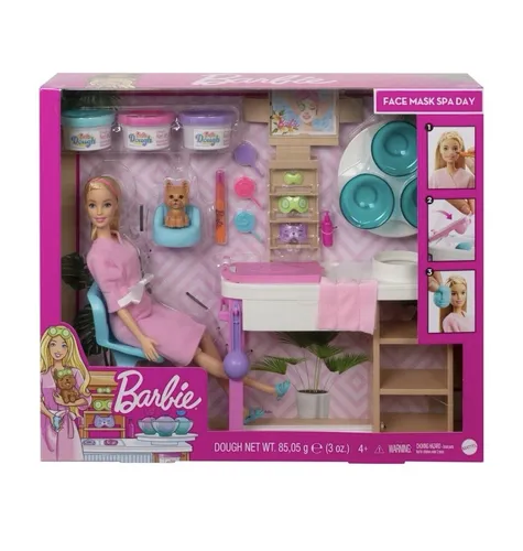 Barbie-Gesichtsmaske Spa Day - Puppenset mit Hündchen und Knetsets - Puppensets: Kreatives Spa-Erlebnis mit Barbie-Puppe, Hündchen und 3 Knetsets für individuelle Gesichtsmasken - ideal für Kinder ab 4 Jahren!
