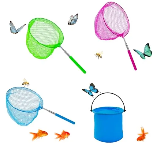 YORFULL Kescher Kinder, Teleskop Kinder Kescher, 4-teiliges Set Enthält 3 Schmetterlingsnetz und 1 Faltbaren Eimer, Fischernetz Kinder Zum Fangen von Insekten Bugs Angeln Fische Garten Pool Outdoor