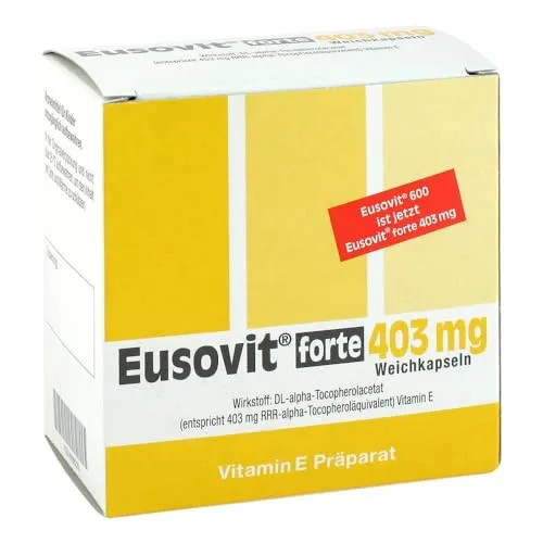 Eusovit Forte 403mg - Vitamin E Weichkapseln - Arzneimittel zur Behandlung von Vitamin-E-Mangel, unterstützt die Gesundheit und das Wohlbefinden mit DL-alpha-Tocopherolacetat.