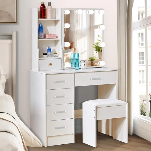 Schminktisch mit LED Lampen, Spiegel, 6 Schubladen, 3 Ablagen