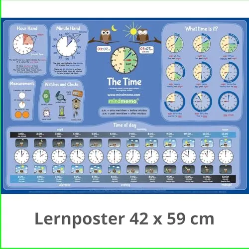 mindmemo Lernposter - TIME - Uhrzeit lernen Englisch für Kinder Uhr lernen learning clock for kids Lernhilfe Zusammenfassung Poster DIN A2 42x59 cm ... A2 42x59 cm PremiumEdition in Transportrolle
