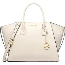 Michael Kors Avril Large Leather and Suede Satchel - Elegante Handtasche aus hochwertigem Leder und Wildleder in Light Cream, ideal für Büro und Freizeit. Geräumig mit praktischen Fächern für schnellen Zugriff auf Essentials.