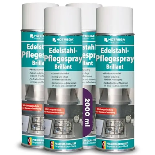 HOTREGA Edelstahl Pflegespray Brillant - 500 ml - Reinigungsmittel für glänzende Edelstahlflächen, entfernt Fingerabdrücke und Fett mühelos und sorgt für streifenfreien Glanz. Ideal für Küche und Bad.