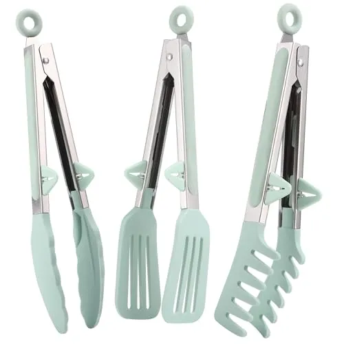 LEAZZLE 3 Stück 26 cm Edelstahl Zange Küche mit Silikonspitzen, Küchenzange Silikon, Nudelzange, Grillzange Silikon, Kochzange, Fleischzange, Salatzange, Servierzange für Grillen, Salat, Kochen (Grün)