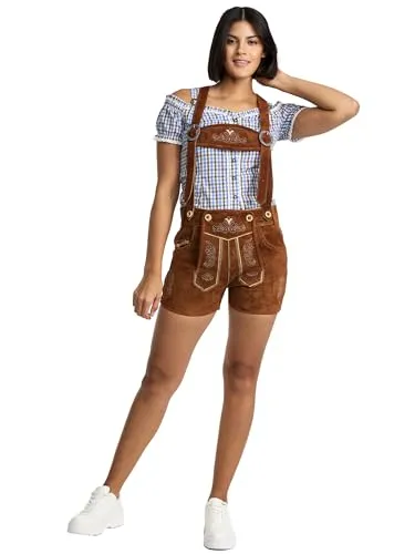 Steigenhöfer Lederhose Damen Tracht Shorts - 100% Rindsleder - Marina - Traditionelle Kurze Hose für Frauen Hot Pants - Inklusive verstellbaren Trägern - Dirndl Alternative - Mittelbraun - 46