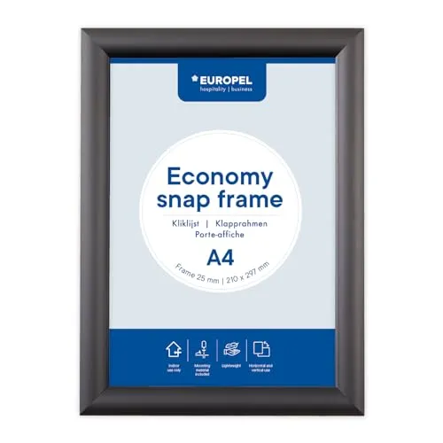 Europel Economy Klapprahmen, A4, Farbe Schwarz, Aluminium Profil 25 x 11 mm, Maße 241 x 328 mm, für Poster 21 x 29,7 cm, Posterhalter, Hotel, Büro, Restaurant, Speisekarten, Werbung, Botschaft