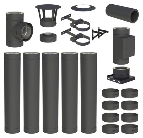 Edelstahlschornstein Komplettset 5,7 m Ø 130 mm doppelwandig - Hochwertiges 5,7 m Edelstahlschornstein Komplettset für Wandmontage. Robuste Verarbeitung mit 0,5 mm Edelstahl und 25 mm Dämmung. Ideal für verschiedene Brennstoffe und bis 450 °C einsetzbar. Für zuverlässige Leistung und vielseitige Nutzung.