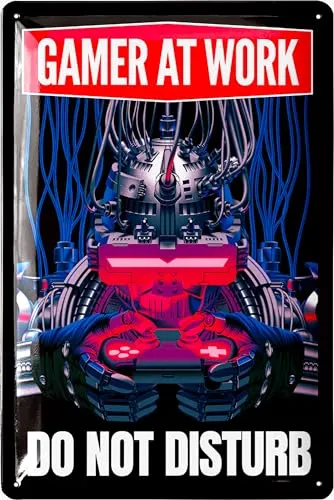 LANOLU Retro Blechschild - Gaming Schild - GAMER AT WORK Türschild bitte nicht stören - Gamer Geschenk - Gaming Zone - lustige Deko Jugendzimmer für Zocker - als Metallschild, 20x30cm