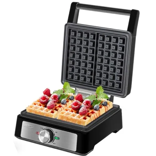MPM Waffeleisen MGO-41-4 – 2 Waffeln gleichzeitig, Temperaturregelung & Antihaftbeschichtung - Waffeleisen: Bereiten Sie mit 1600 W in kürzester Zeit 2 dicke, fluffige Waffeln zu. Dank der stufenlosen Temperaturregelung und der Antihaftbeschichtung gelingt jede Waffel perfekt!