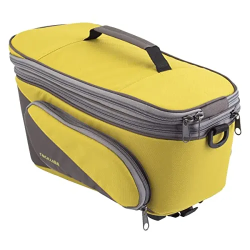 Racktime System Tasche Talis Plus 2.0 - grün/grau mit Snapit Adapter - Fahrradtasche mit 8L Hauptfach und 7L Seitentaschen, wasserabweisend aus 100% Polyester, inkl. Snapit Adapter 2.0 und Regencover für optimalen Schutz bei Regen.