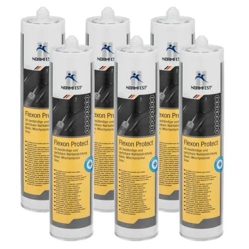 Normfest Flexon Protect grau – UV-beständige 1K Nahtabdichtung auf POP-Mischpolymer-Basis, spritzbar, elastisch, nass-in-nass überlackierbar für Karosserie- und Fahrzeugbau – 6x 310ml