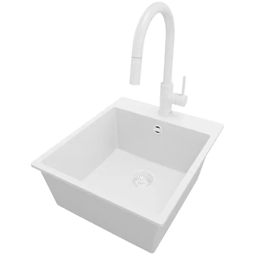 PRIMAGRAN Granitspüle Alles Weiß 43x50cm, Spülbecken 1 Becken + Küchenarmatur 40x20cm + Ablauf-Set, Küchenspüle ab 45er Unterschrank - Riga S085