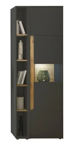 Furn.Design Aktenschrank Center - Moderner Büroschrank in matt grau mit Wotan Eiche - Aktenschrank in grau matt und Wotan Eiche, 70 x 200 cm, mit 10 Fächern und eleganter Vitrine. Ideal für funktionale und stilvolle Büros, bietet hohe Strapazierfähigkeit und nachhaltige Materialien.